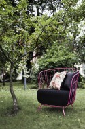 Petit salon de jardin DEAUVILLE, canapé 2 places, fauteuil, table basse et petite table haute, acier de couleur et tissu outdoor