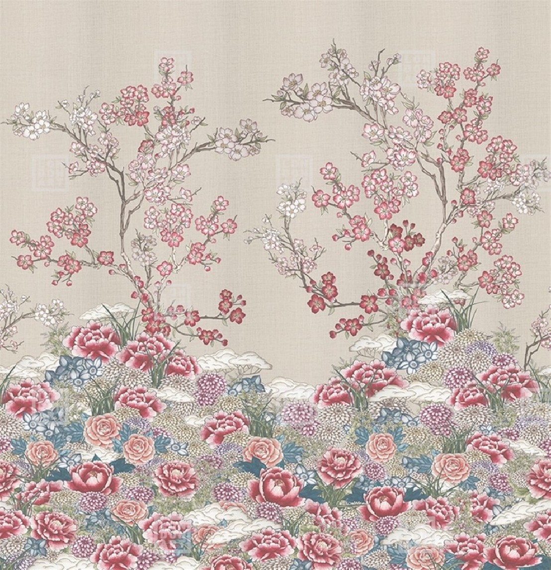 Papier peint japonais ZORI cerisiers à fleurs, pivoines & camélias