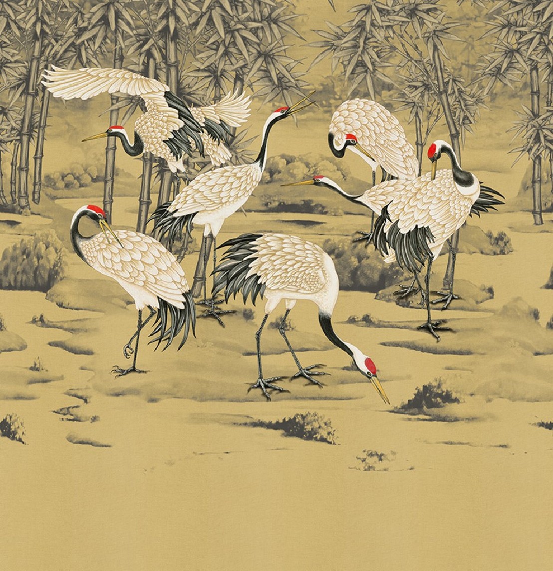 TABI papier peint oiseaux grues style estampe japonaise sur mesure LONDONART