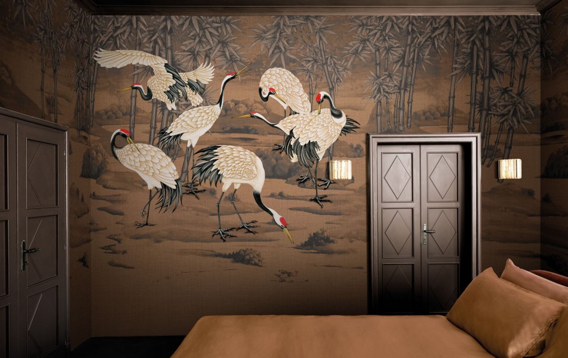 TABI papier peint oiseaux grues style estampe japonaise sur mesure LONDONART