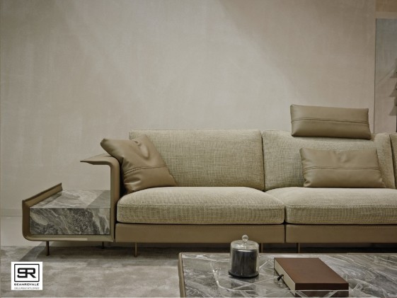 Canapé 4 places avec étagère cuir pleine fleur & table accoudoir en marbre céramique ou verre NEWROY