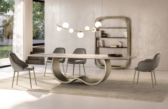Grande table de repas design MISTRAL plateau en céramique piètement métal platine brossé