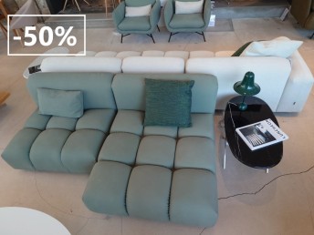 Canapé cuir & tissu bubble modulable GROOVER en 5 modules vert d'eau & ivoire