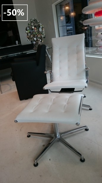 Chaise longue + repose pied TAYLORD LUXY cuir pleine fleur blanc