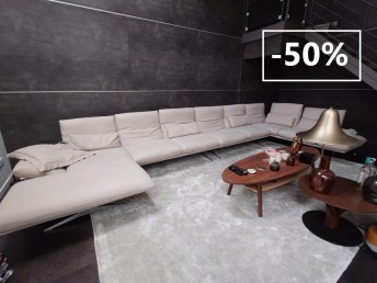Très grand canapé d'angle 8 places AD.SENSO en U cuir pleine fleur Nubuck grège