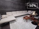 Très grand canapé d'angle 8 places AD.SENSO en U cuir pleine fleur Nubuck grège