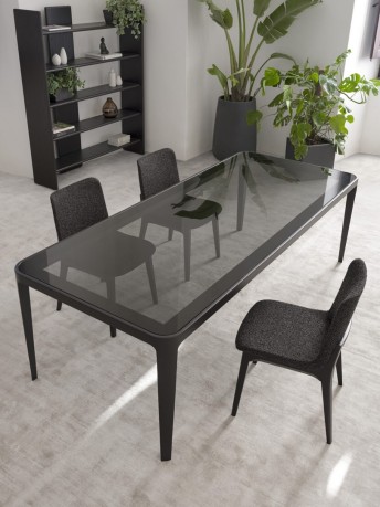 MONARQUE, table rectangulaire plateau en verre, piètement en frêne
