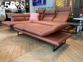 Canapé design d’angle 4 places & petite chaise longue en cuir pleine fleur Deluxe 7 Terracotta AIR.SEAN