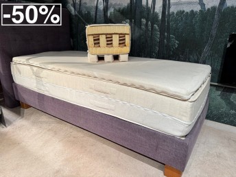 Lit complet 90 x 200 cm 100 % BIO PRESTIGE matelas & surmatelas MASTERPIECE VitalWOOD + sommier + tête de lit tissu amethyst