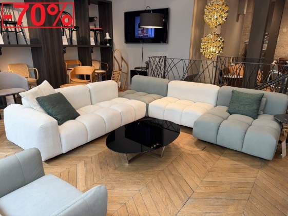Canapé cuir & tissu bubble modulable GROOVER en 5 modules vert d'eau & ivoire