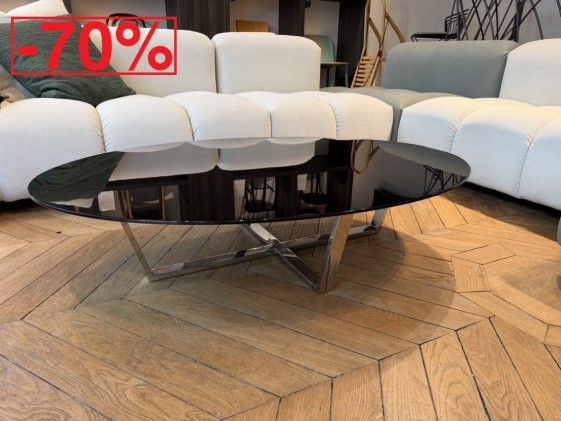 Table basse ovale design BABY.T plateau laqué noir, base chromée brillante